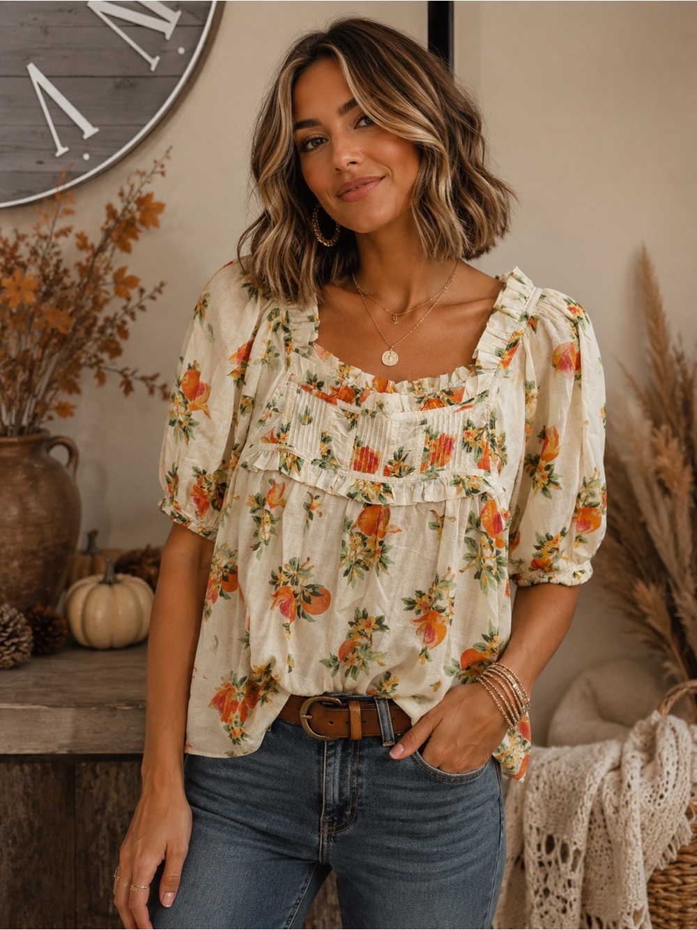 NWT Elie Tahari Floral Puff-Sleeve Square Neck Top